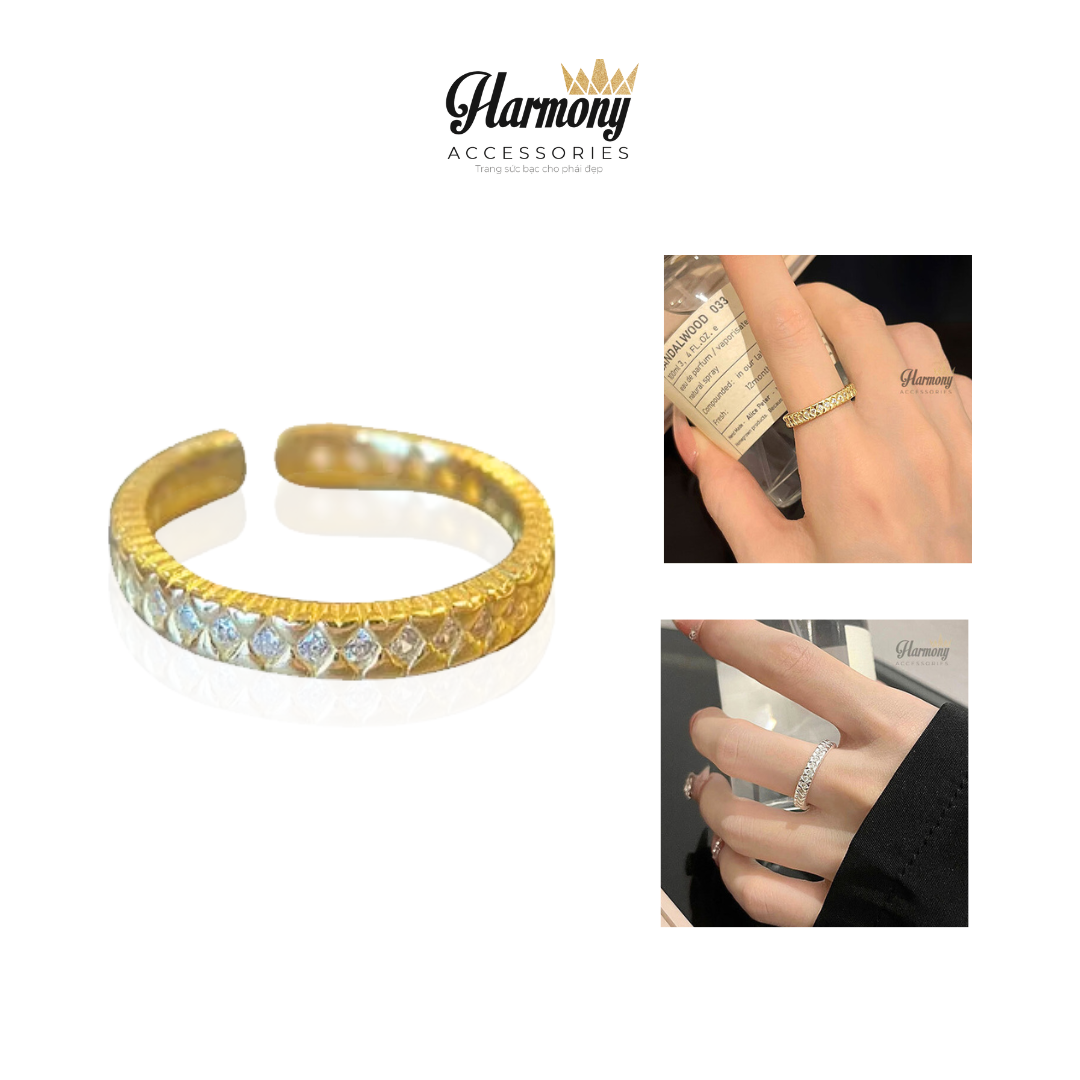 Nhẫn bạc nữ mạ vàng 14k đính đá bản to dáng mở freesize Sarah | HARMONY ACCESSORIES N63