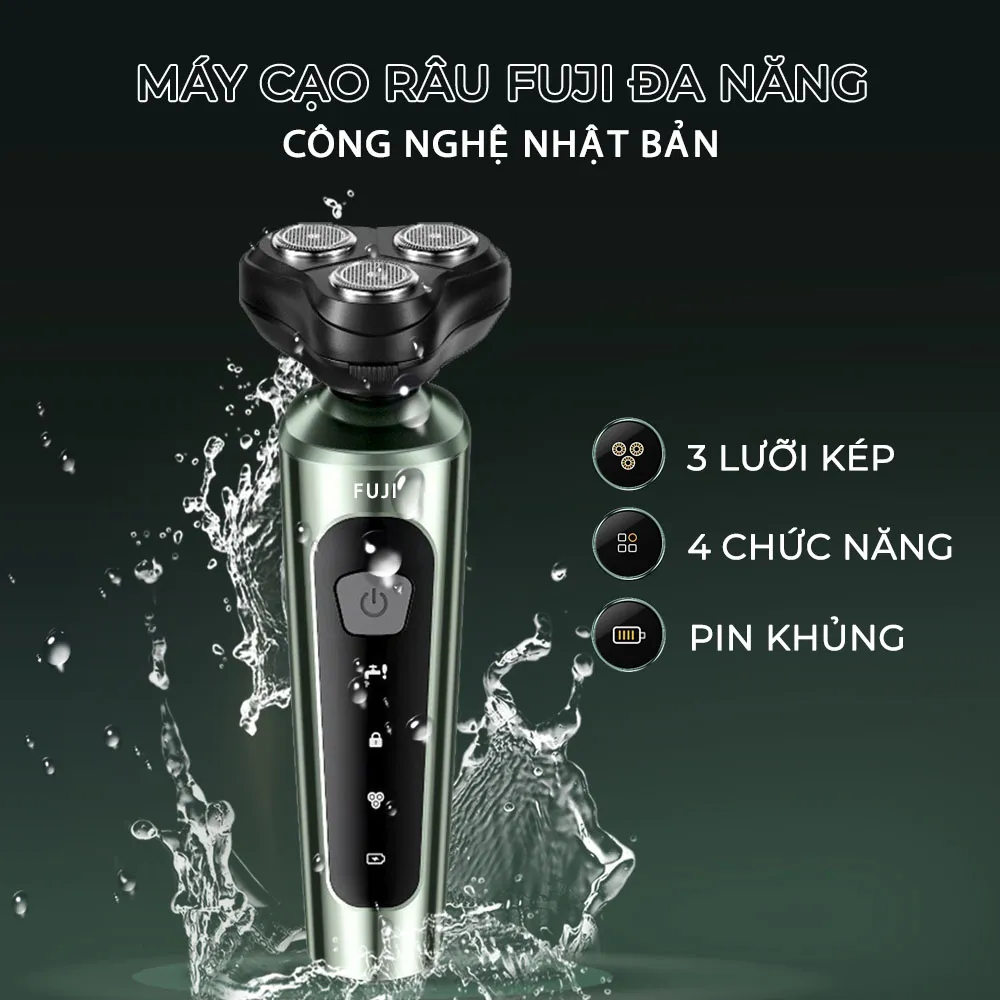 Máy cạo râu nam đa năng cầm tay Fuji 9D 4 in 1 3 lưỡi kép kháng nước IPX7, tỉa lông mũi, rửa massage da mặt, tông đơ.