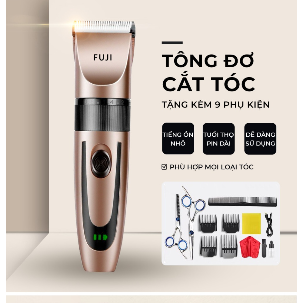 Tông tăng đơ máy cắt hớt tóc cầm tay pin sạc không dây Fuji công nghệ nhật bản, kèm 9 phụ kiện dùng cho cá nhân gia đình