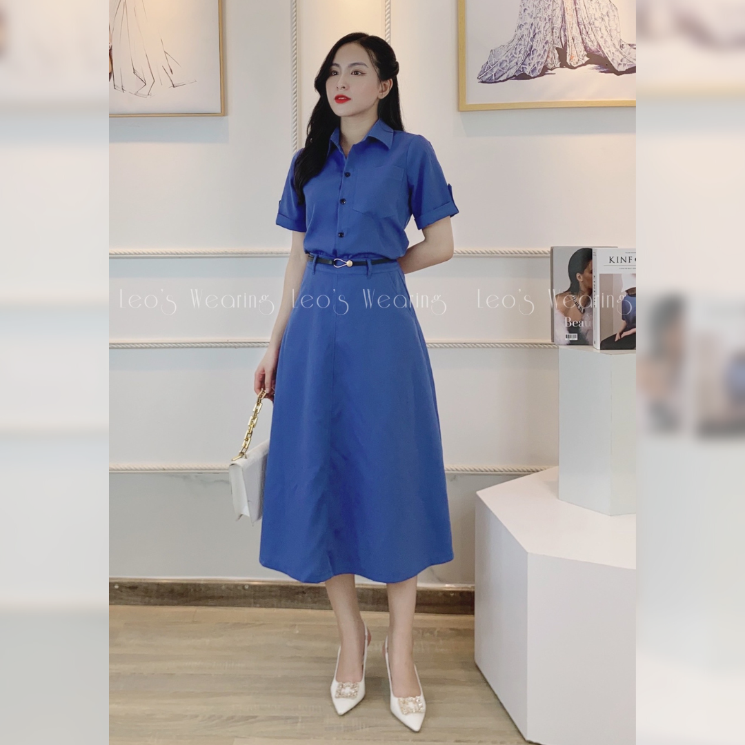 Set váy công sở xanh coban LEOSWEARING chân váy chữ A có túi mix áo sơ mi tay ngắn A304