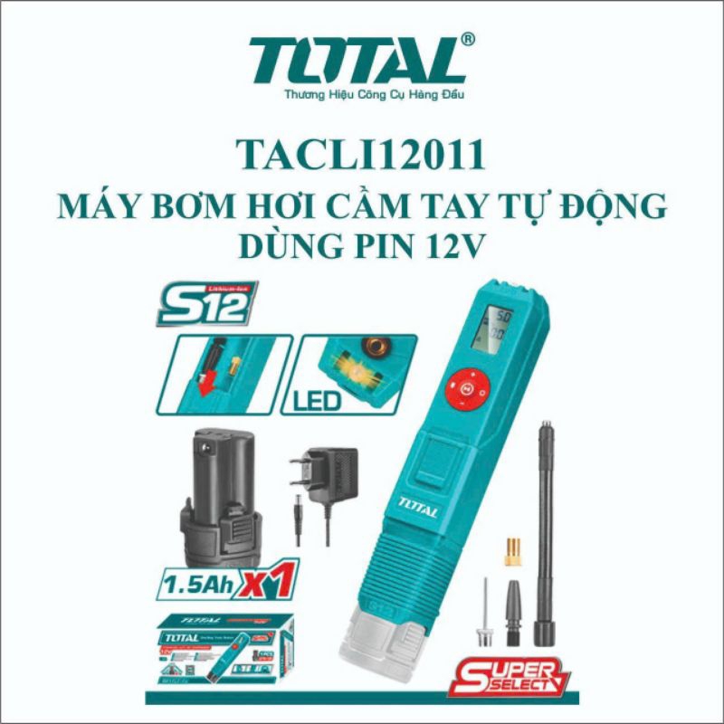 MÁY BƠM HƠI TOTAL DÙNG PIN 12V CHÍNH HÃNG MODEL: TACLI12011