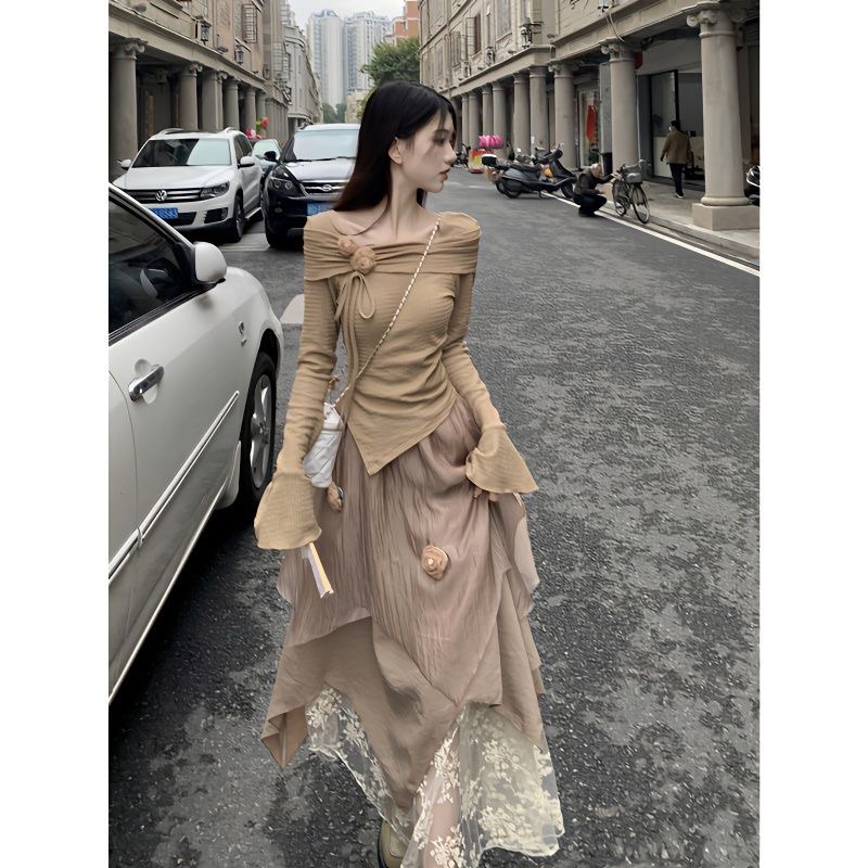 Set đồ nữ vintage áo trễ vai dài tay kèm váy bồng xoè phối ren cực xinh