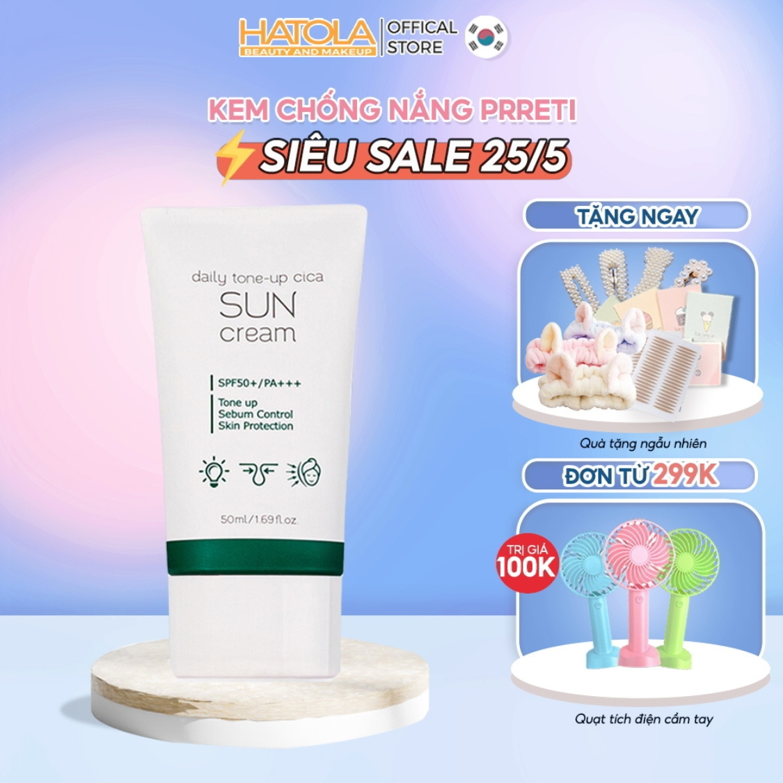Kem chống nắng nâng tông Hàn Quốc Prreti Daily tone-up cica sun cream kiềm dầu dưỡng ẩm chống tia UV hoàn hảo Hatola