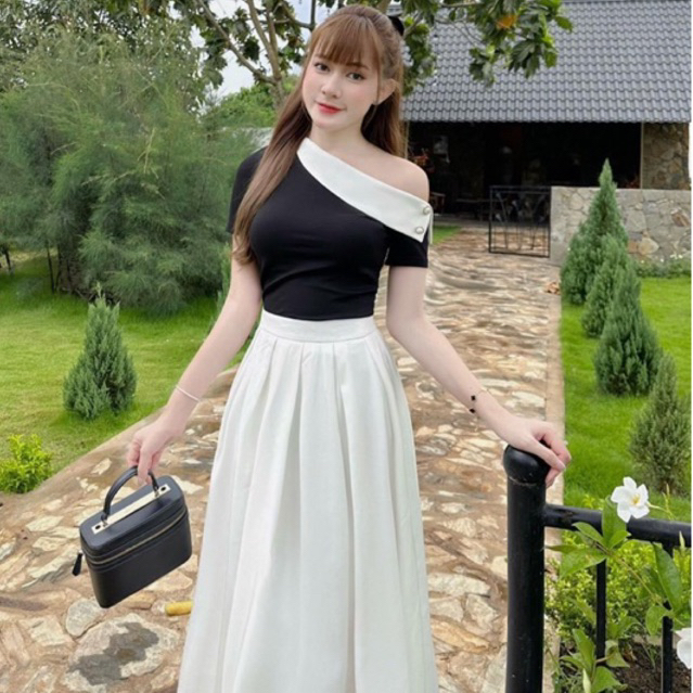 Áo SYNRA , cổ lệch phối trắng, sang trọng đi làm đi chơi LEMINA