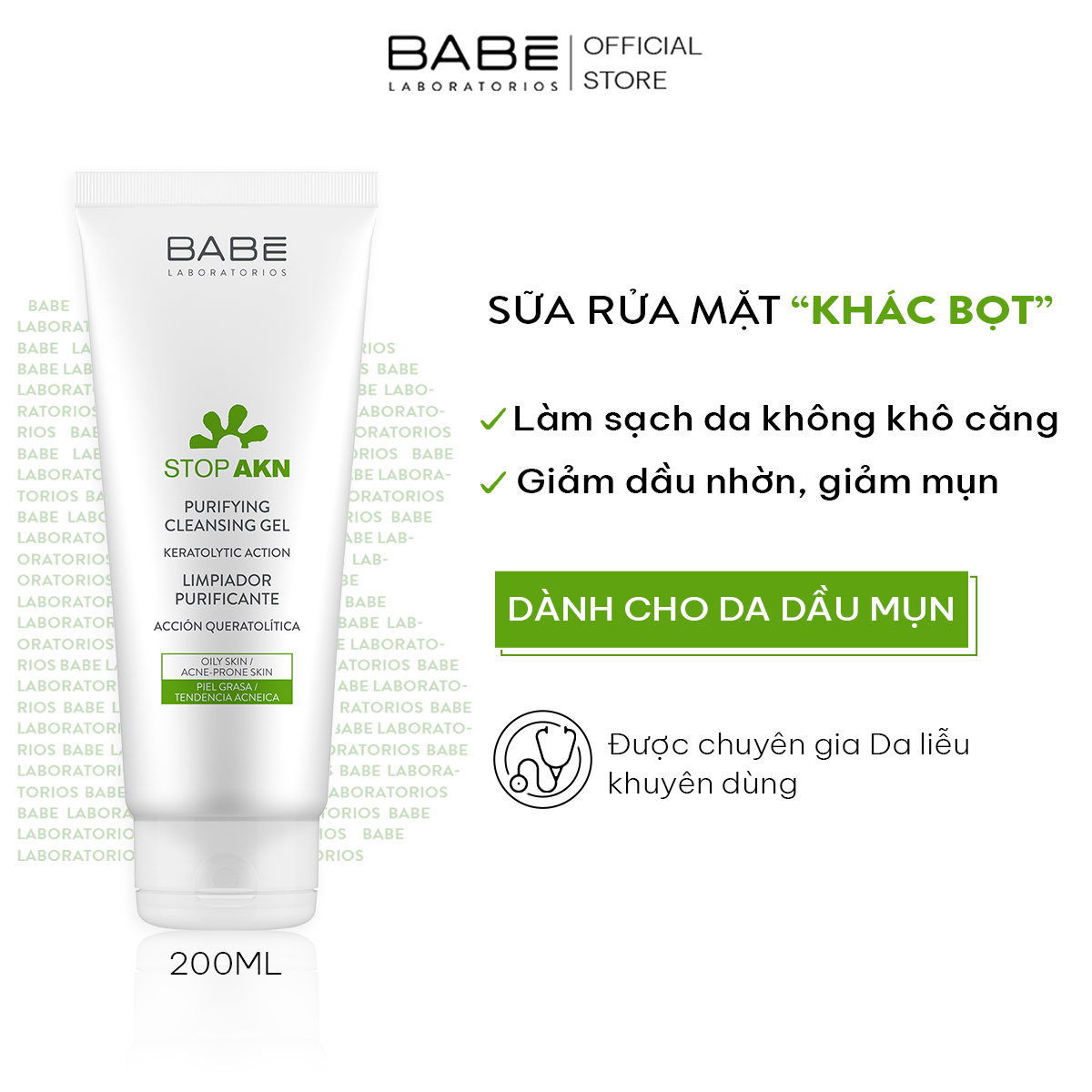Sữa rửa mặt BABE Stop Akn Purifying Cleansing gel cho da dầu mụn 200ml