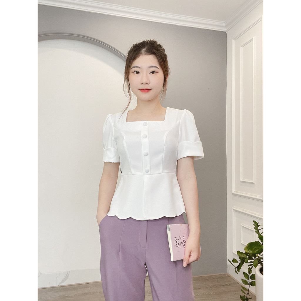 Áo Sơ Mi Peplum Viền Sóng Cúc Bọc Min House