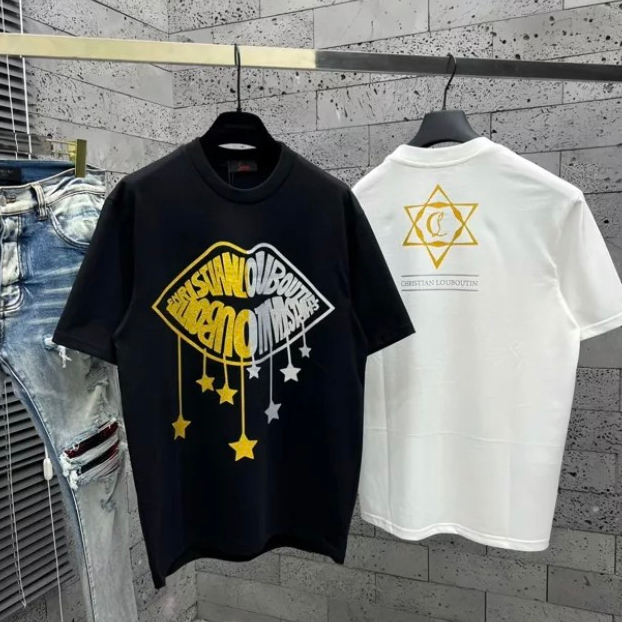 Áo phông nam nữ Premium Cotton in hình môi chữ Louboutin ngôi sao kim tuyến đỏ hai mặt phong cách boy phố