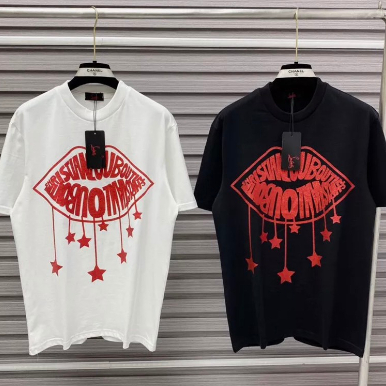 Áo phông nam nữ Premium Cotton in hình môi chữ Louboutin ngôi sao kim tuyến đỏ hai mặt phong cách boy phố cháy