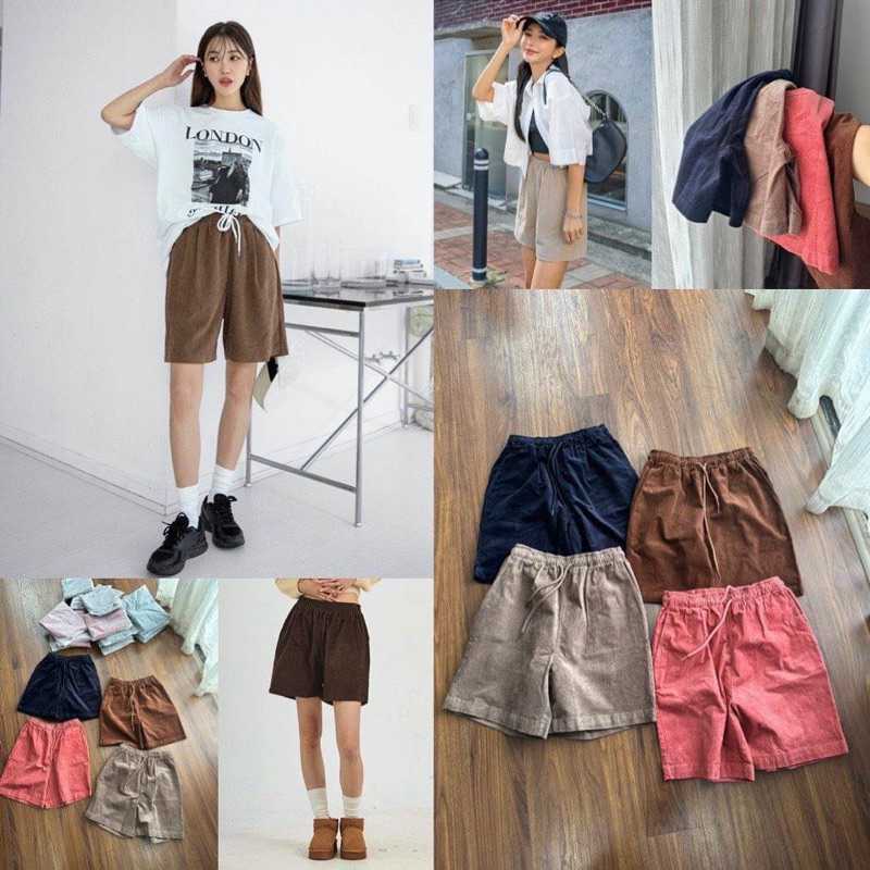 Quần short lưng thun nữ nhung gân cotton.Có ảnh cận vải