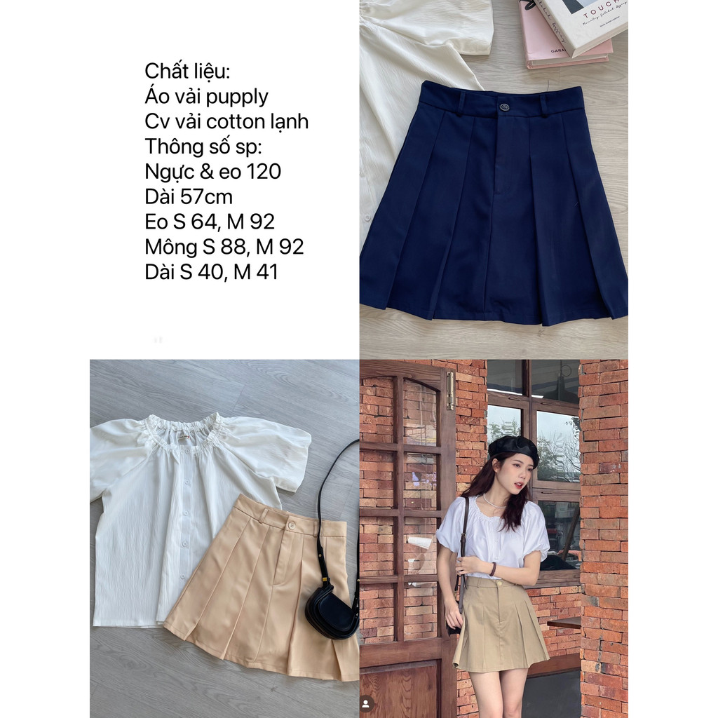 Set áo tay phồng & chân váy kaki xếp ly ( hình thật, có sẵn ) / Style Hàn Quốc, 2 màu be, xanh