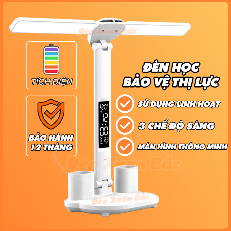 Đèn Học Để Bàn Đèn LED Ánh Sáng Chống Cận, Đèn học tích điện có màn hình LCD hiển thị nhiệt độ giờ ngày- Đèn Xuân Bắc