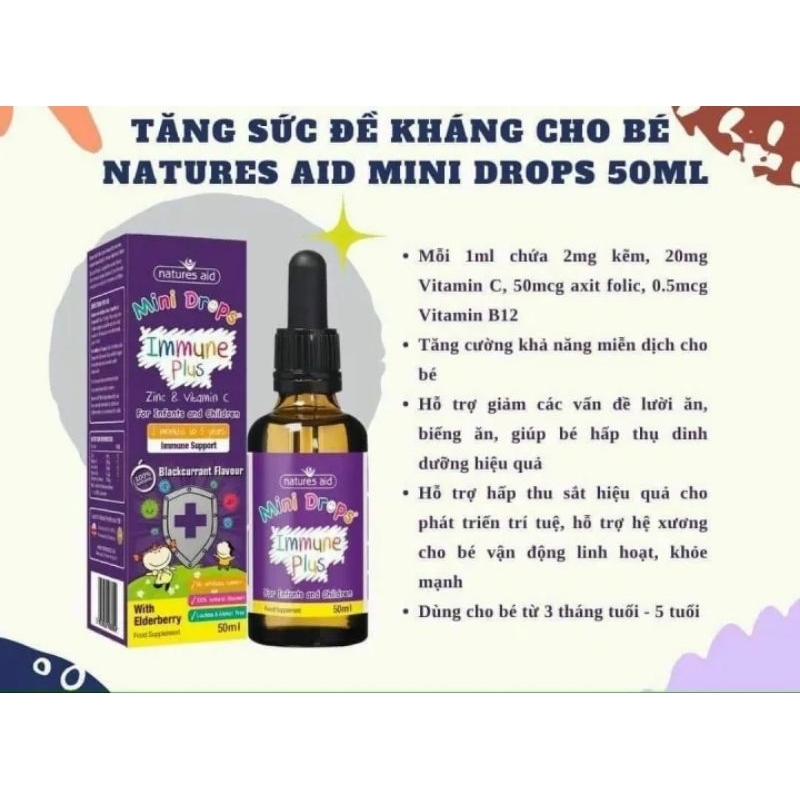 Tăng sức đề kháng Mini Drops Immune Plus Nature Aid - Bổ sung kẽm Vitamin C