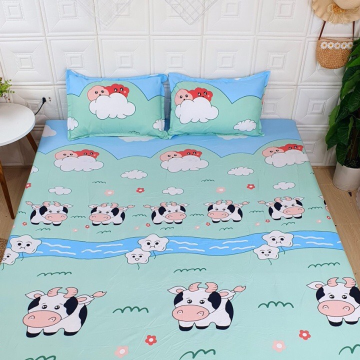 Bộ Ga Gối 1mx1m9,gồm 1ga 2 vỏ gối nằm,bò sữa xanh