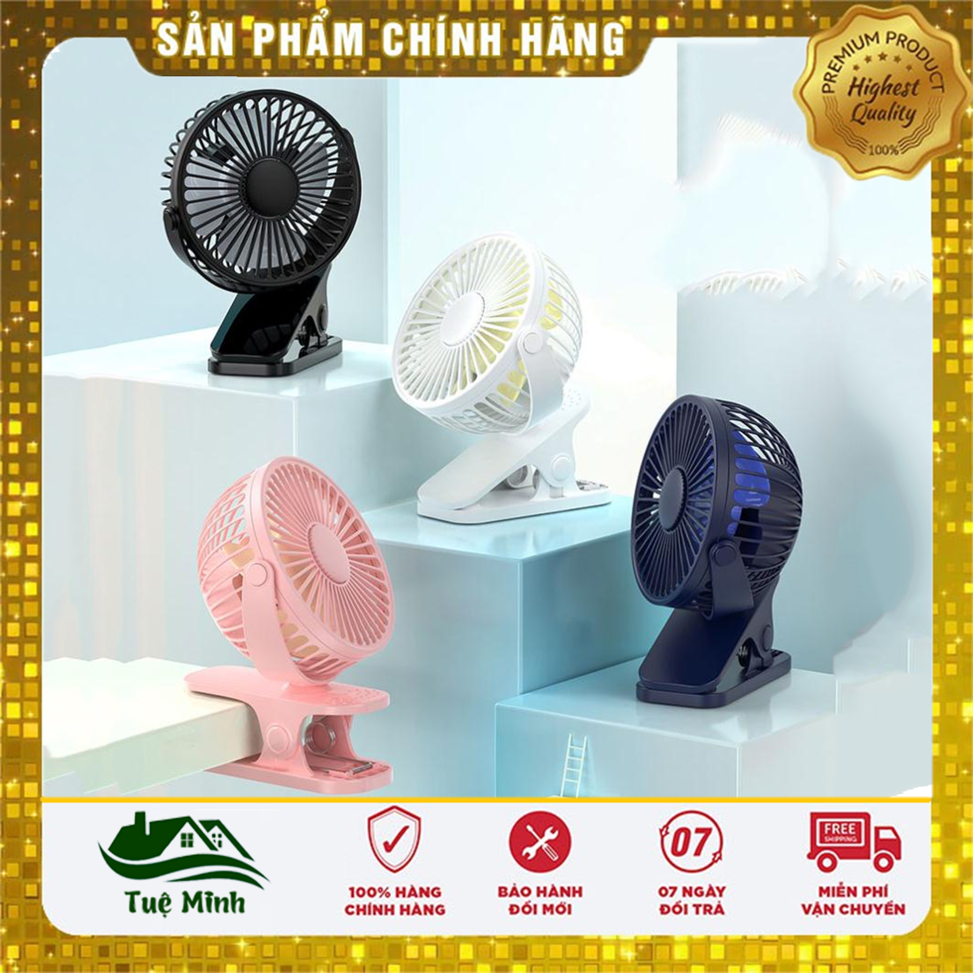 Quạt Kẹp Bàn Tích Điện Mini Để Bàn 3 Chế Độ Gió Siêu Mát Gia Dụng Tuệ Minh