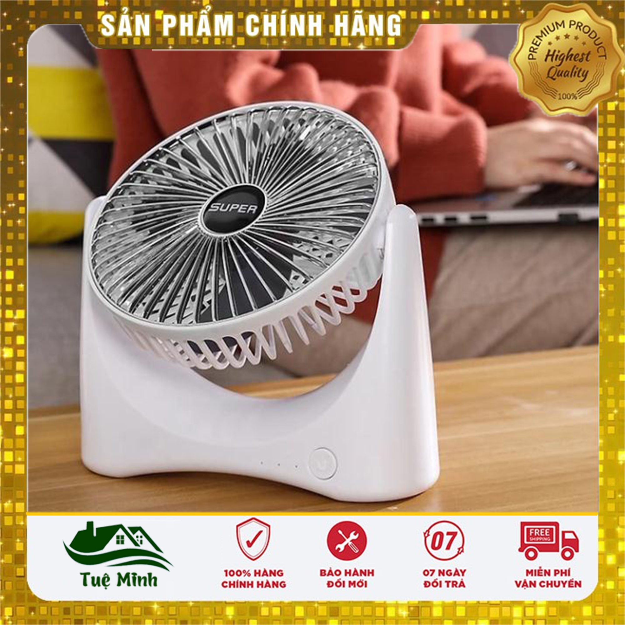 Quạt Tích Điện Super Fan Để Bàn 3 Chế Độ Mát Xoay 360 Độ Gia Dụng Tuệ Minh