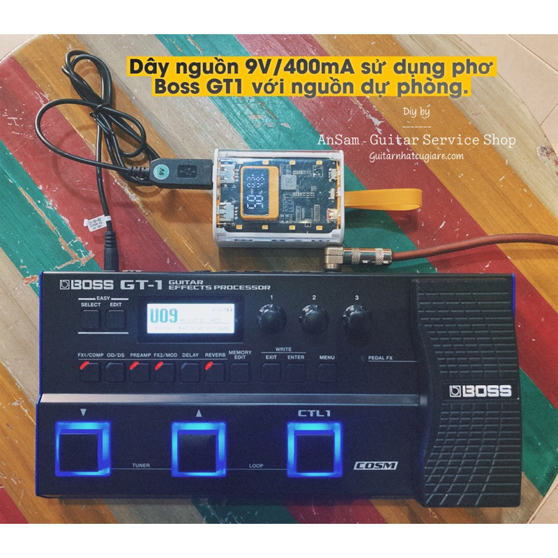 Dây nguồn adaptor 9V cho phơ Boss GT-1, Zoom G5n, Nux MG300, MG400 qua sạc dự phòng.