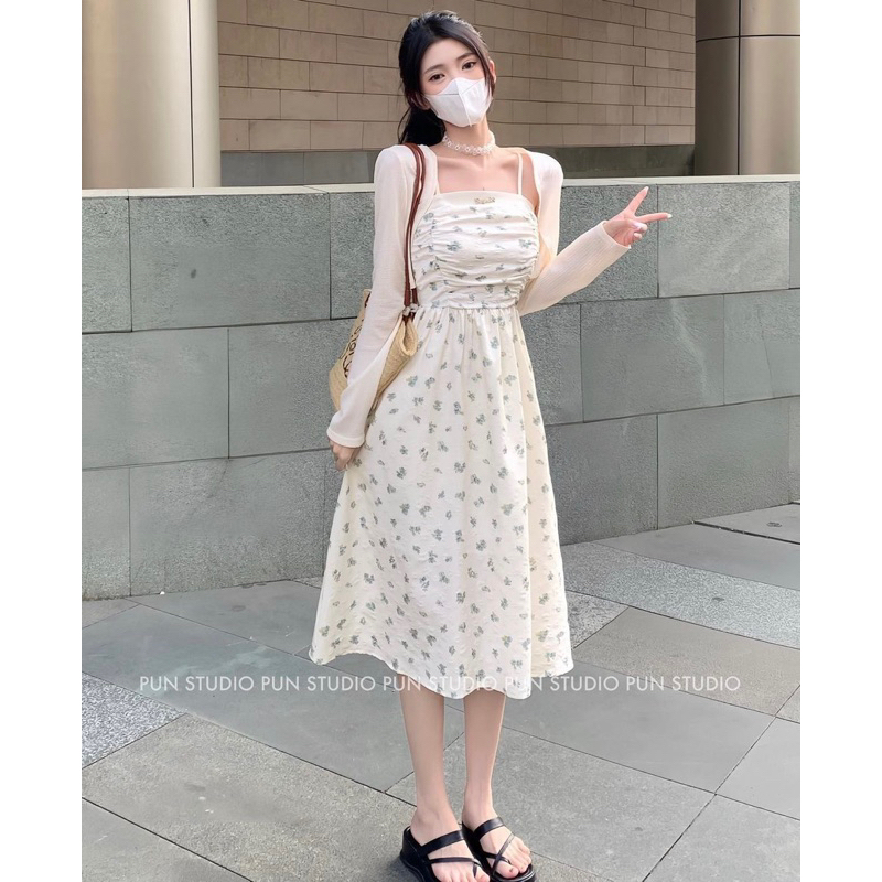 Set Váy 2 Dây Xốp Hoa Babydoll Ngực Xếp Li YealNa Kèm Áo Khoác Len Nhẹ Siêu Xinh Có Ảnh Thật