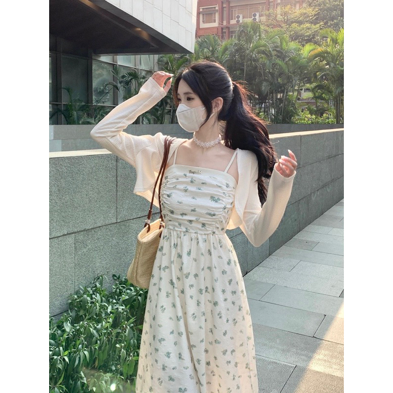 Set Váy 2 Dây Xốp Hoa Babydoll Ngực Xếp Li YealNa Kèm Áo Khoác Len Nhẹ Siêu Xinh Có Ảnh Thật