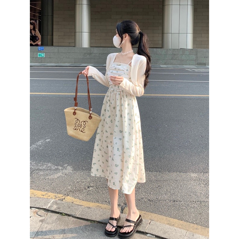 Set Váy 2 Dây Xốp Hoa Babydoll Ngực Xếp Li YealNa Kèm Áo Khoác Len Nhẹ Siêu Xinh Có Ảnh Thật