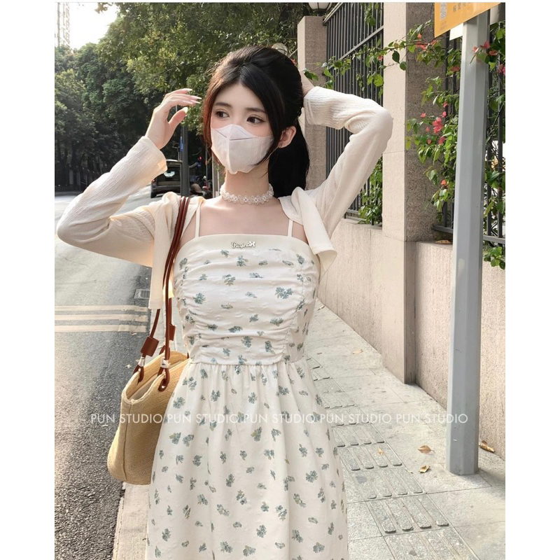 Set Váy 2 Dây Xốp Hoa Babydoll Ngực Xếp Li YealNa Kèm Áo Khoác Len Nhẹ Siêu Xinh Có Ảnh Thật