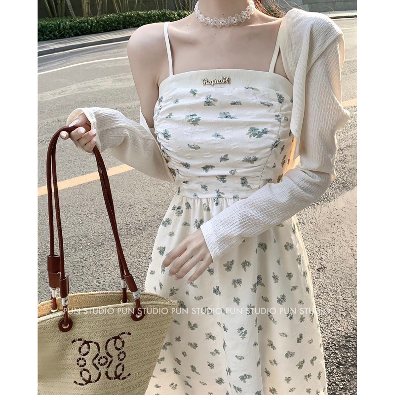 Set Váy 2 Dây Xốp Hoa Babydoll Ngực Xếp Li YealNa Kèm Áo Khoác Len Nhẹ Siêu Xinh Có Ảnh Thật