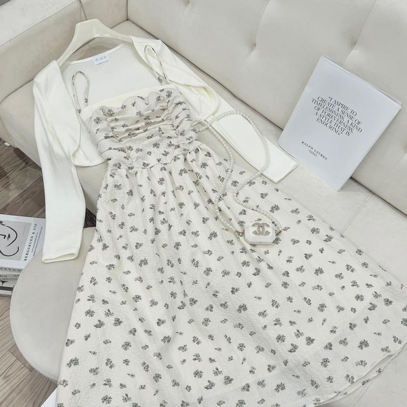 Set Váy 2 Dây Xốp Hoa Babydoll Ngực Xếp Li YealNa Kèm Áo Khoác Len Nhẹ Siêu Xinh Có Ảnh Thật