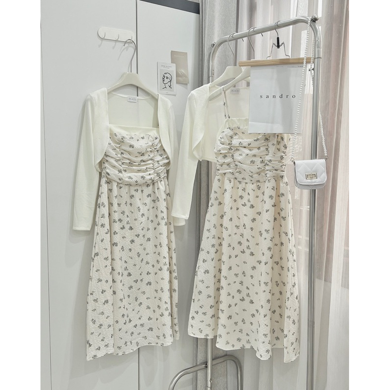 Set Váy 2 Dây Xốp Hoa Babydoll Ngực Xếp Li YealNa Kèm Áo Khoác Len Nhẹ Siêu Xinh Có Ảnh Thật