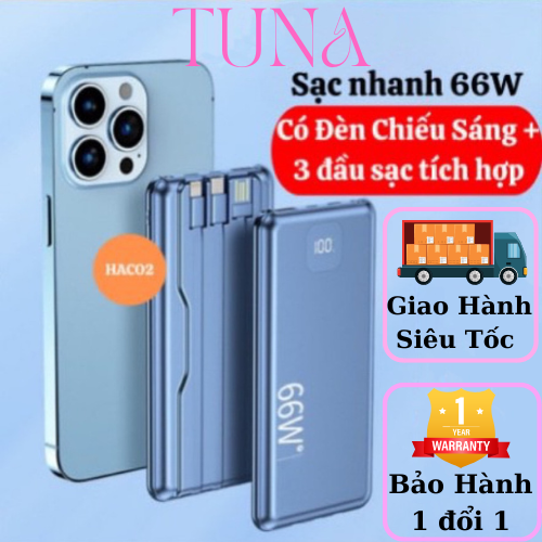 02 Pin sạc dự phòng sạc nhanh 66W 20000mAh cầm tay giá rẻ 3 đầu sạc kiêm đèn pin chiếu sáng
