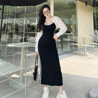 Set đầm hai dây viền dáng dài xẻ mix áo choàng sơ mi - TKCC SheTP