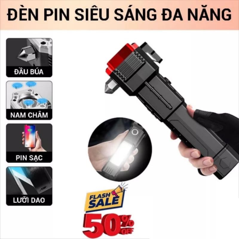 Đèn pin siêu sáng -Búa đèn pin Led 8in1 đa chức năng búa thoát hiểm khẩn cấp trong Ôtô, sạc dự phòng chống nước siêu bền