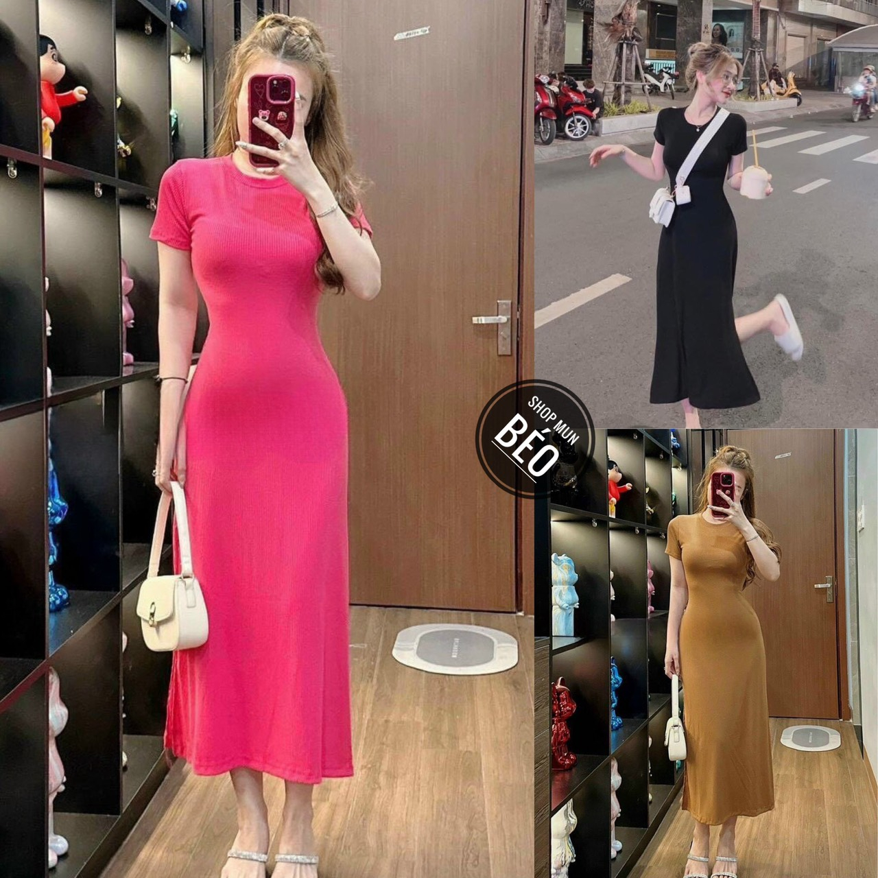 Đầm cổ tròn tay ngắn xẻ đùi phom dài xoè chất thun gân co giãn thích hợp đi chơi đi dạo đi làm phù hợp với mọi phong các