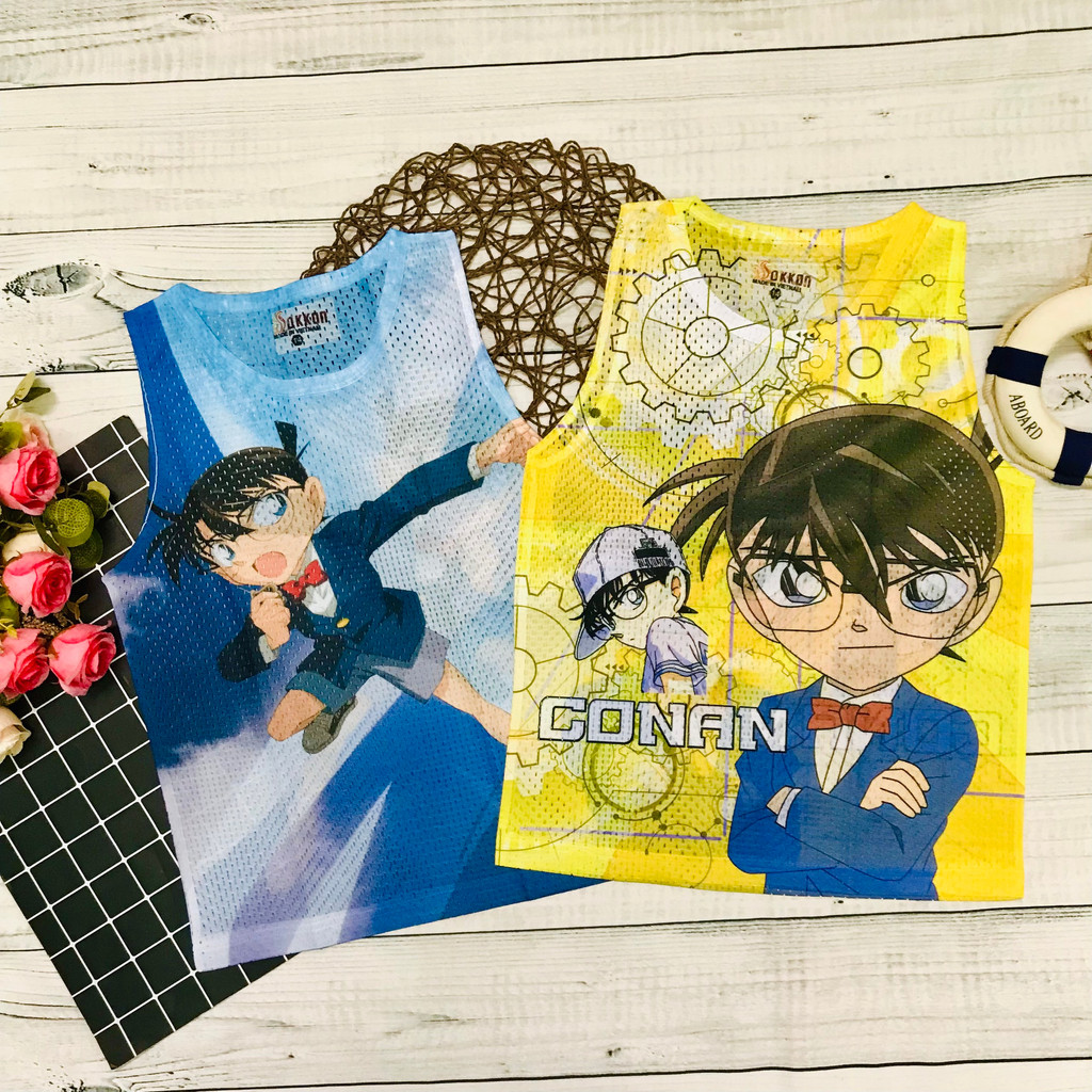 Áo ba lỗ thun lưới cho bé trai in hình Conan vải mềm thóng mái cho bé trai từ 15 - 50kg