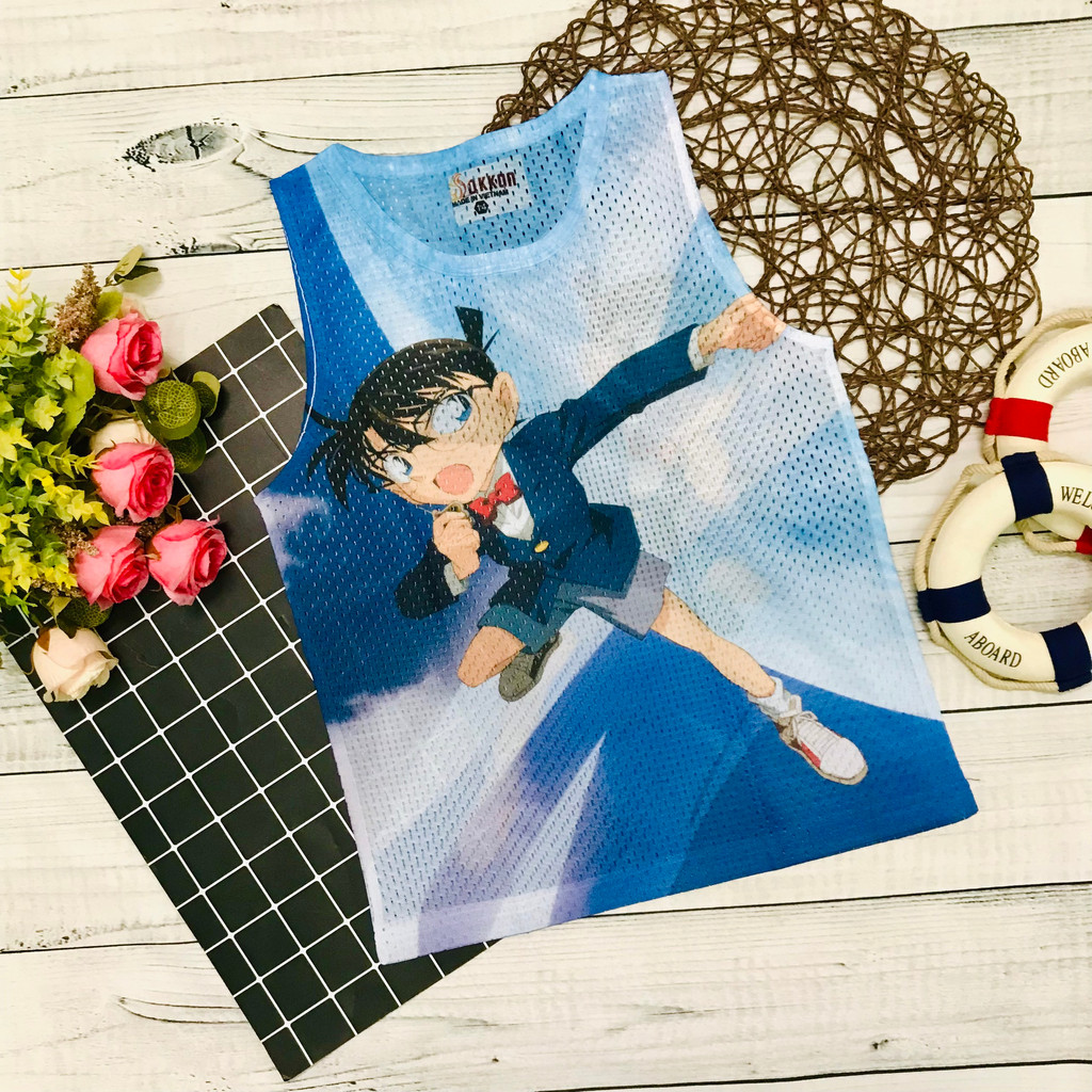 Áo ba lỗ thun lưới cho bé trai in hình Conan vải mềm thóng mái cho bé trai từ 15 - 50kg