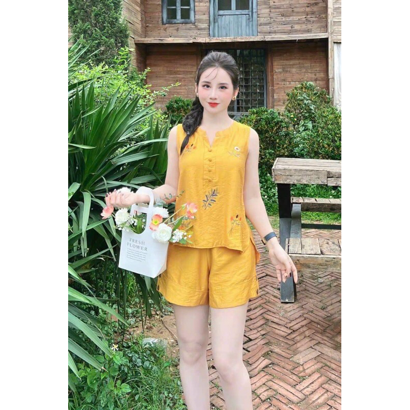 Sét đũi  áo balo thêu sẻ cổ khuy bọc   quần sooc 4 màu