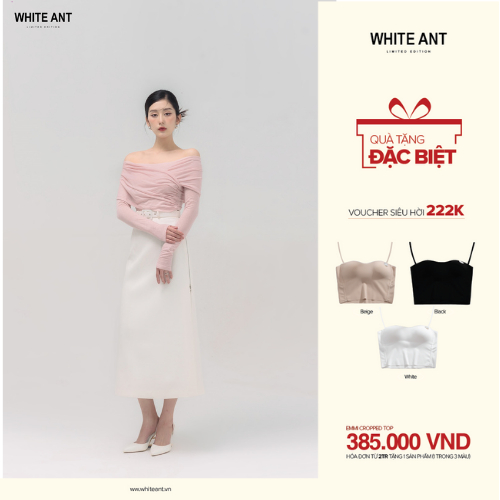 Áo Trễ Vai Chất Liệu Cotton Và Chân Váy A Kèm Dây Đai Nữ White Ant Hàng Thiết Kế Cao Cấp