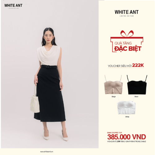 Áo Sơ Mi Sát Nách Cổ Đổ Và Chân Váy A Dáng Dài Xẻ 2 Bên Có Điểm Nhấn Khóa Kéo Nữ White Ant Hàng Thiết Kế Cao Cấp