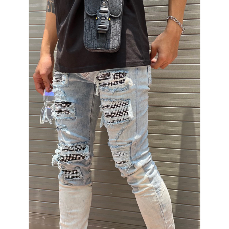 Quần jean Thời trang cao cấp đính đá ,mix ống chân cực chất 2023
