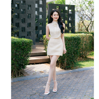 Áo hoa nơ cổ croptop & Váy chữ A ngắn Kazuha Set