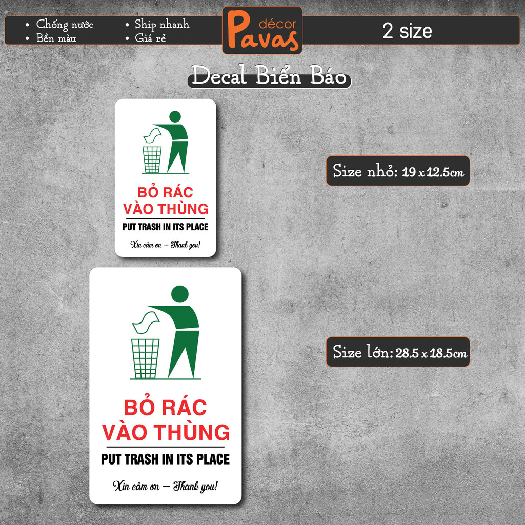 Decal Dán Biển Báo Bỏ Rác Vào Thùng chống nước dán trang trí tường, dán quán trà sữa, cà phê, quán ăn. BB15