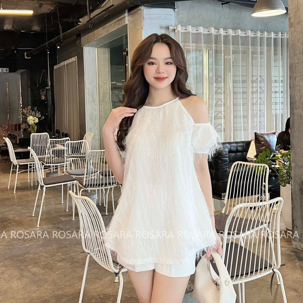 Áo Trễ Vai Trắng Ngắn Tay Suông Họa Tiết Tua Rua Thời Trang Nữ Rosara SM112
