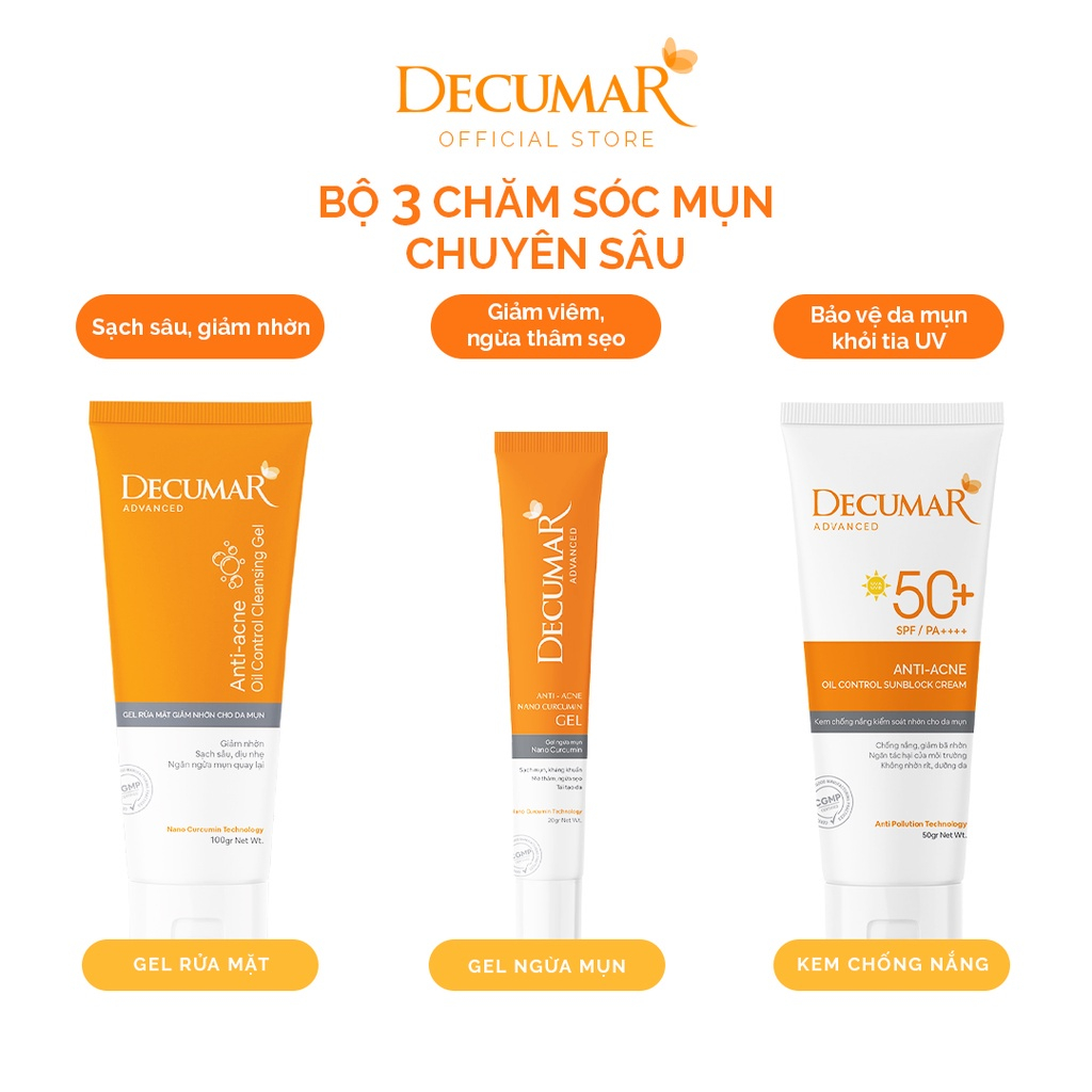 Combo ngừa mụn kiềm dầu toàn diện Decumar Advanced (1 Gel mụn 20g, 1 SRM 50g, 1 KCN 50g) - ajaskinlab