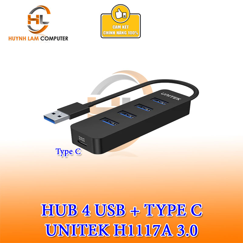 Bộ chia USB 4 cổng + Type C Unitek H1117A chuẩn 3.0 5Gb/s 10W - Hàng chính hãng