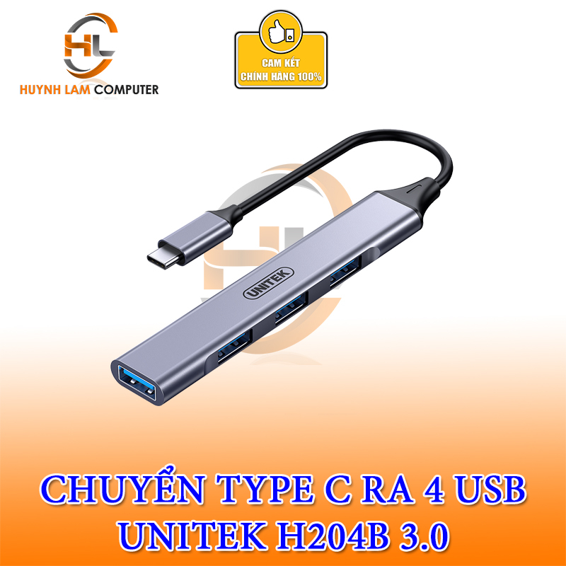 Đầu chuyển Type C sang 4 USB Unitek H204B chuẩn 3.0 vỏ nhôm cao cấp - Hàng chính hãng
