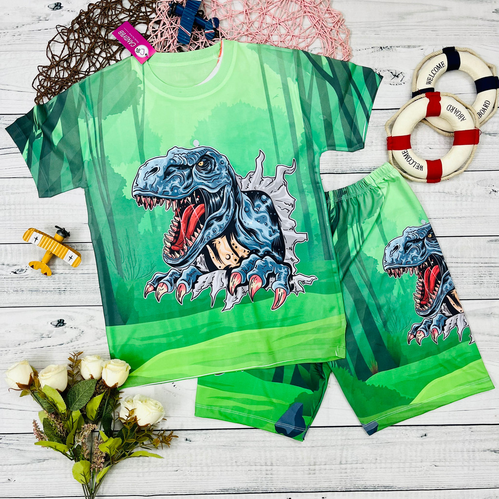 Bô thun Khủng Long T-rex bé trai có size 60kg, đồ bộ sát nách nách, tay ngắn mềm mịn, thấm hút mồ hôi