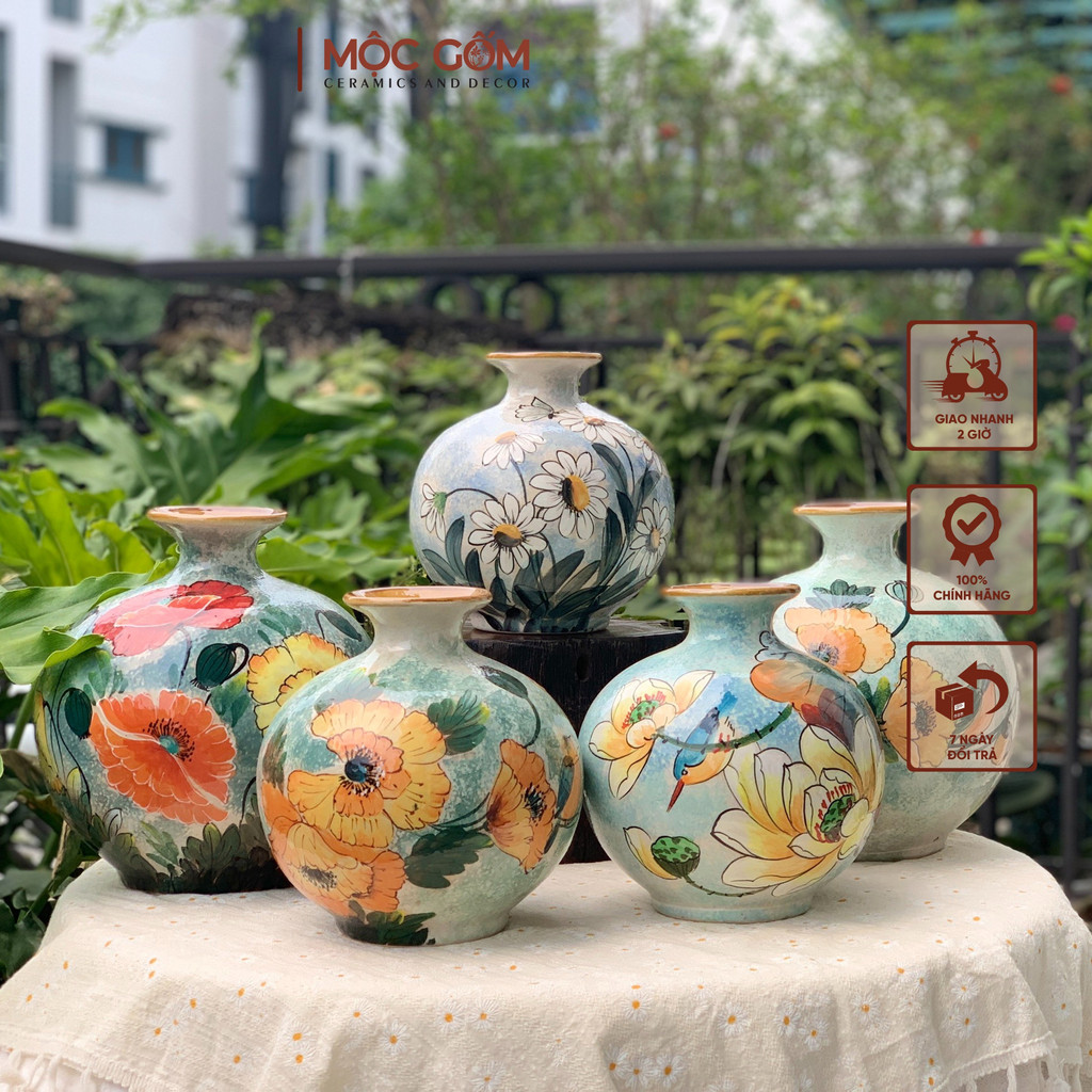 Bình hút tài lộc trang trí - Lọ hoa hút lộc gốm sứ Bát Tràng cao cấp vẽ 3D thủ công phong cách hiện đại Mộc Gốm MG118
