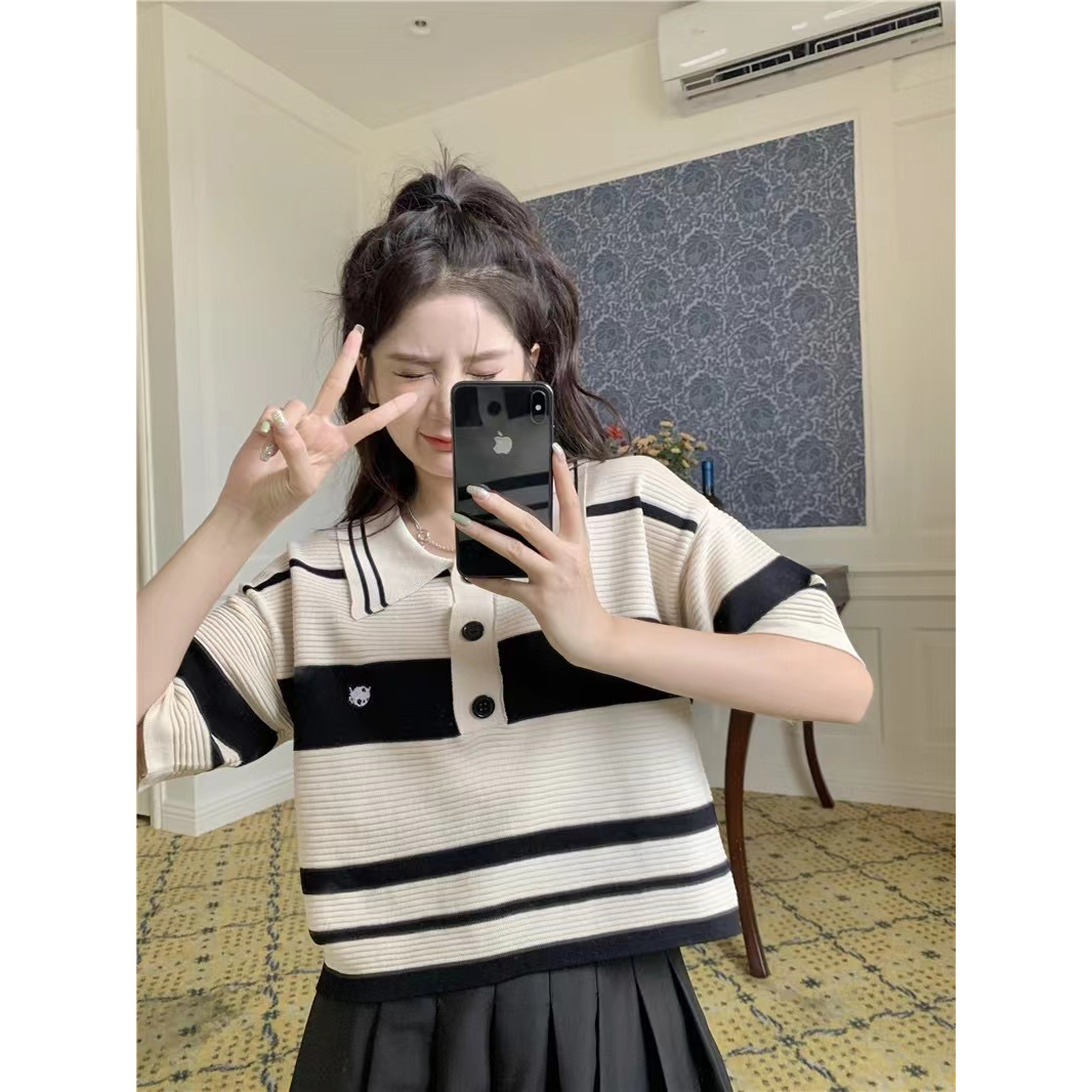 Áo polo nữ len dệt kim croptop dáng rộng tay ngắn kiểu cổ đức phong cách hàn