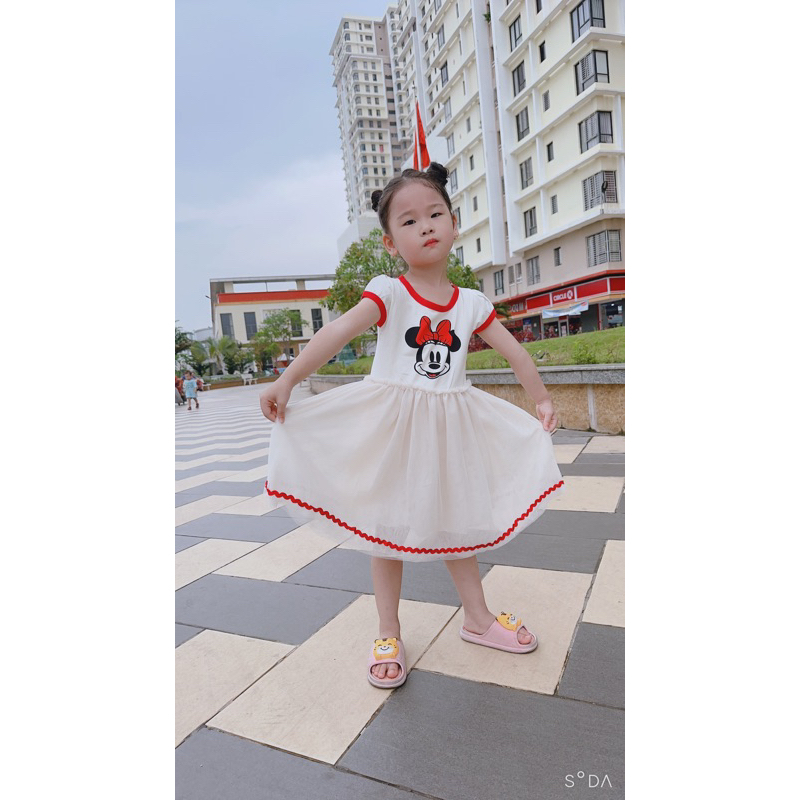 Đầm Công Chúa Họa Tiết Chuột Mickey Minnie Phối Lưới Xinh Xắn Cho Bé Gái đầm hãng Disney