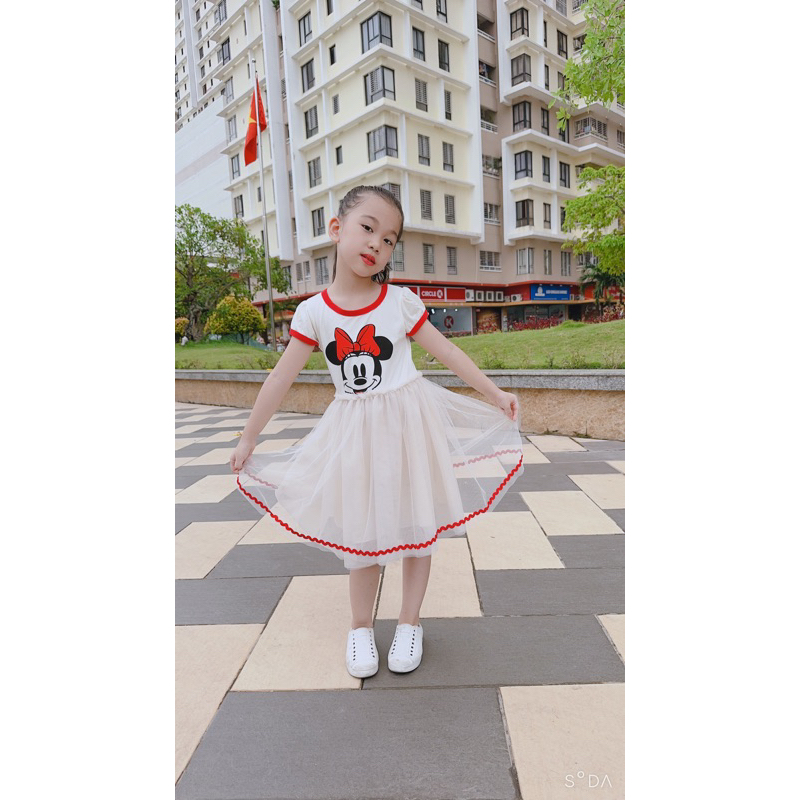 Đầm Công Chúa Họa Tiết Chuột Mickey Minnie Phối Lưới Xinh Xắn Cho Bé Gái đầm hãng Disney