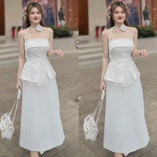 Set váy nữ áo cup ngực phối voan đính hoa quyến rũ kèm chân váy voan dài dập ly có lót siêu xinh T716 - Yado