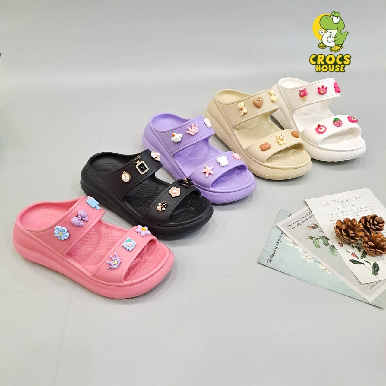 Dép crocs đế cao 5 phân, dép crocs hai quai ngang tặng full sticker 2D, dép lê cross crush nữ hàng loại I đẹp